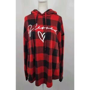 Christmas Holiday Plaid Check Women’s Hoodie Size XL Blessed Print Sherpa Hood